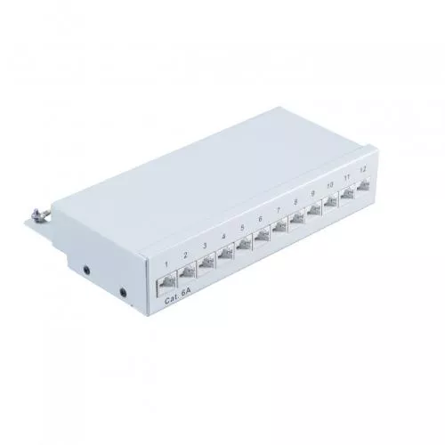Patchpanel Cat.6A – 12 Port – geschirmt – Desktop/Wandmontage – lichtgrau