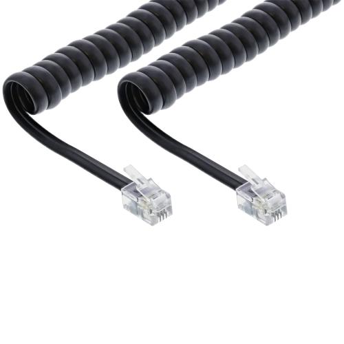 InLine® Spiralkabel RJ10 Stecker / Stecker schwarz 1:1 belegt max. 2m