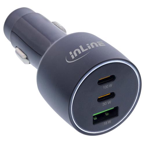 Preview: InLine® USB KFZ Stromadapter Power Delivery, 2x USB-C + QC 3.0 USB-A, schwarz