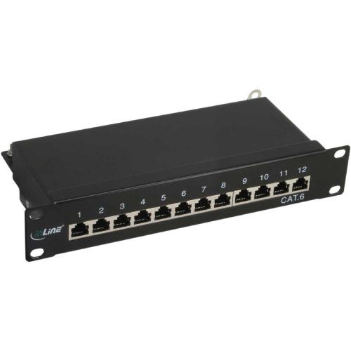 Patchpanel Cat.6 – 12-fach, 10" (25,4 cm), 1HE, schwarz (RAL 9005)