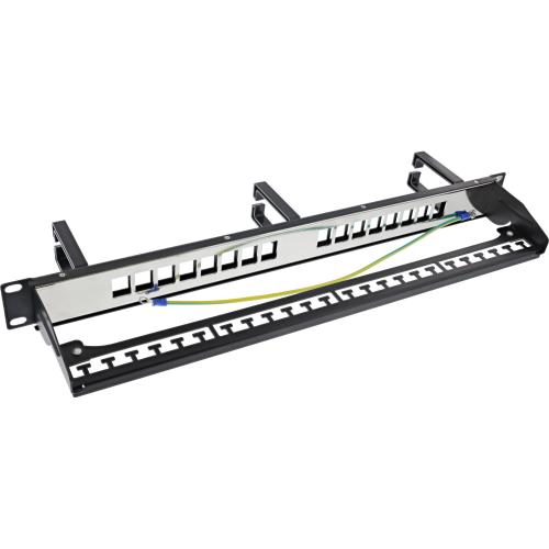Preview: Patchpanel Leerblech – 16-fach, 19" (48,26 cm), 1HE, schwarz, mit integrierter Kabelführung