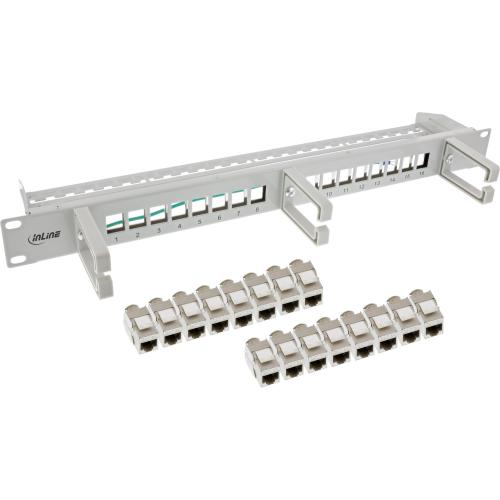 Patchpanel Cat.6A – 16-fach, 19" (48,26 cm), 1HE, grau, mit integrierter Kabelführung
