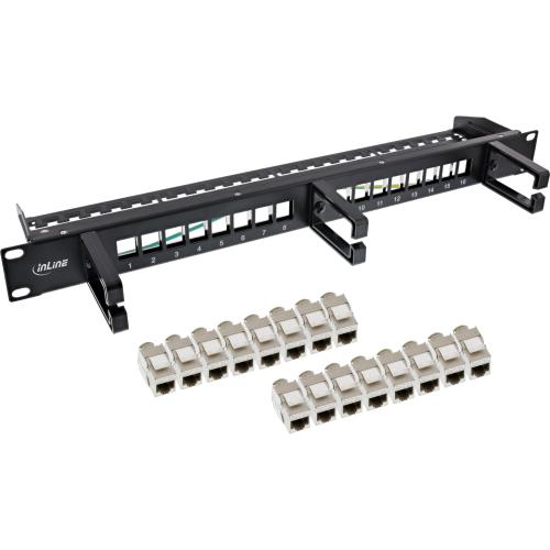 Patchpanel Cat.6A – 16-fach, 19" (48,26 cm), 1HE, schwarz, mit integrierter Kabelführung