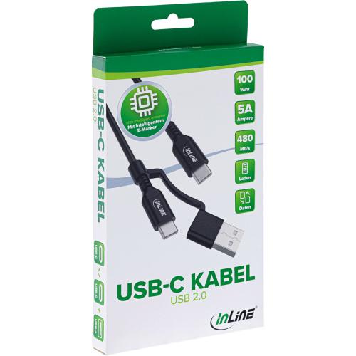 Preview: InLine® 2-in-1 USB-C Kabel + USB-A Adapter, USB 2.0, 100W, TPE, schwarz, 1m