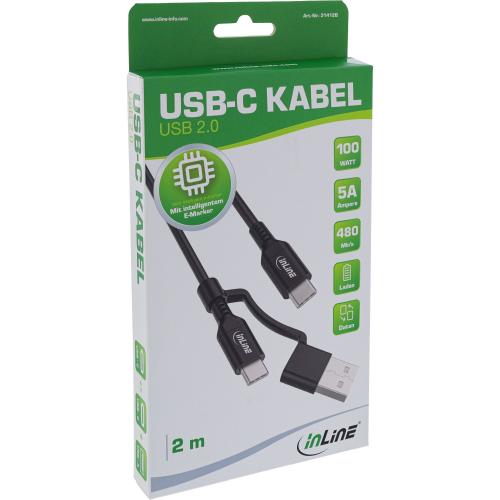 Preview: InLine® 2-in-1 USB-C Kabel + USB-A Adapter, USB 2.0, 100W, TPE, schwarz, 2m