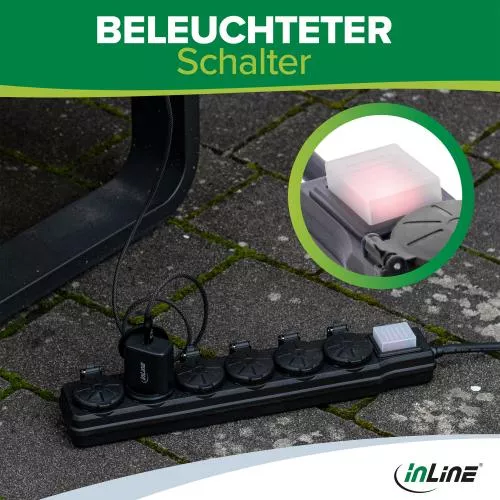 Outdoor-Steckdosenleiste 6-fach – IP44, 10 m, mit Schalter, schwarz