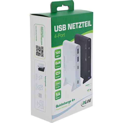 Preview: InLine® USB Netzteil, GaN Ladegerät, 4-Port, 2x USB-C + 2x USB-A, 120W, schwarz