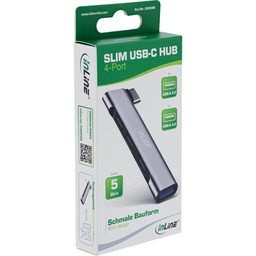 Preview: InLine® Slim USB-C Hub, 4-Port, USB 3.0 + 3x USB 2.0, schmale Bauform
