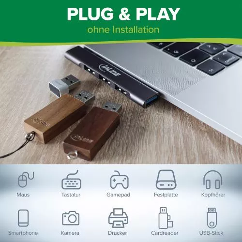 InLine® Slim USB-C Hub, 4-Port, USB 3.0 + 3x USB 2.0, schmale Bauform