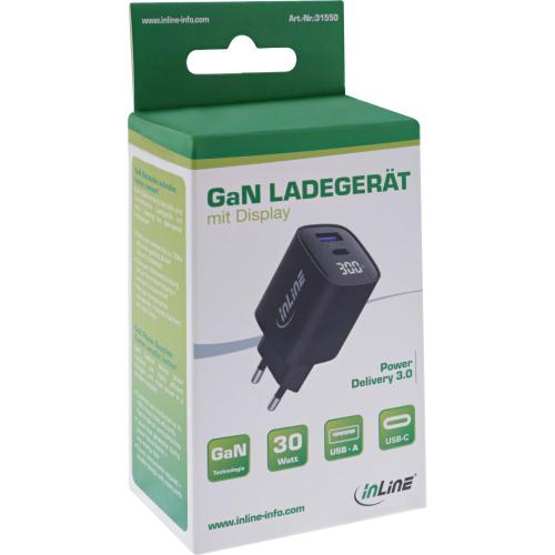 Preview: USB PD Netzteil – GaN Ladegerät, 2-Port (USB-C & USB-A), 30W, mit Display