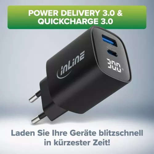 USB PD Netzteil – GaN Ladegerät, 2-Port (USB-C & USB-A), 30W, mit Display