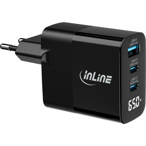 Preview: InLine® USB PD Netzteil, GaN Ladegerät, 3-Port, USB-C + USB-A, 65W, mit Display