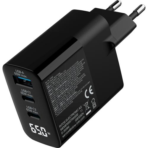 Preview: InLine® USB PD Netzteil, GaN Ladegerät, 3-Port, USB-C + USB-A, 65W, mit Display