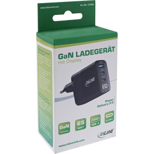 Preview: InLine® USB PD Netzteil, GaN Ladegerät, 3-Port, USB-C + USB-A, 65W, mit Display