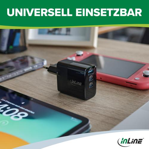 Preview: InLine® USB PD Netzteil, GaN Ladegerät, 3-Port, USB-C + USB-A, 65W, mit Display