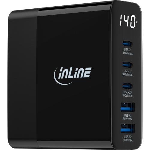 Preview: InLine® USB PD Netzteil, GaN Ladegerät, 5-Port, USB-C + USB-A, 140W, mit Display