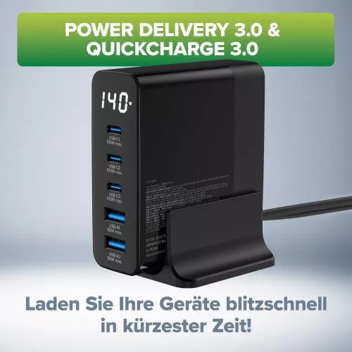 InLine® USB PD Netzteil, GaN Ladegerät, 5-Port, USB-C + USB-A, 140W, mit Display