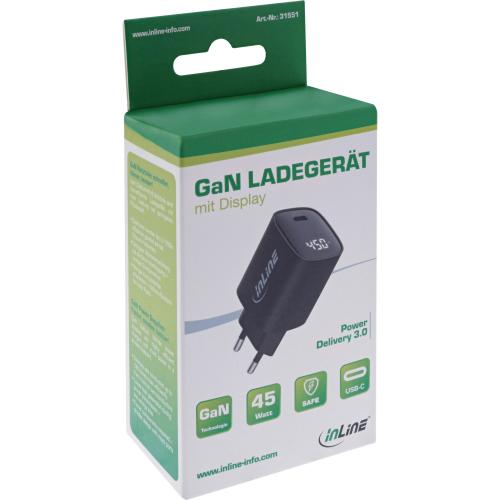 Preview: InLine® USB PD Netzteil, GaN Ladegerät, 1-Port, USB-C, 45W, mit Display