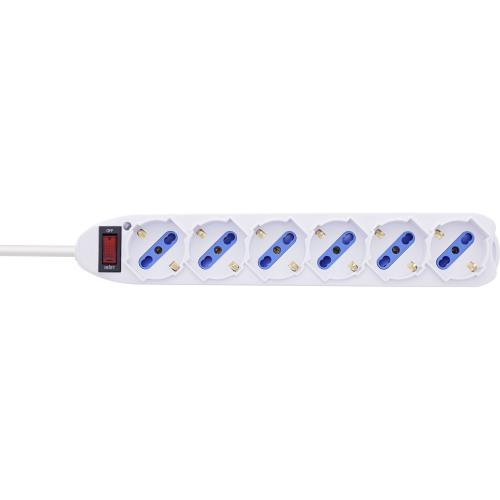 Preview: Steckdosenleiste Italien – 6-fach, Typ L/F, mit Schalter, 1,5m, weiß