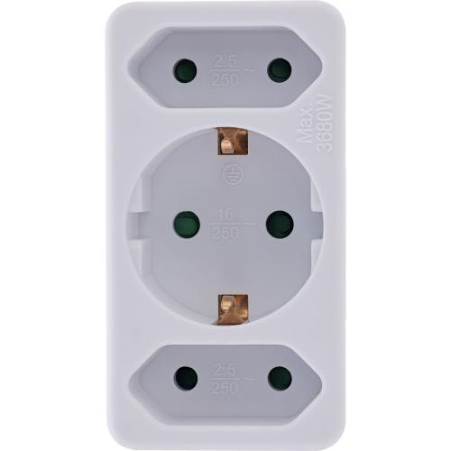 Preview: Steckdosenadapter – Schutzkontakt Stecker auf 2x Euro + 1x Schutzkontakt, weiß