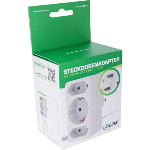 Preview: Steckdosenadapter – Schutzkontakt Stecker auf 2x Euro + 1x Schutzkontakt, weiß