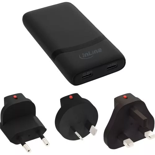 USB-C Ladegerät 65 W, flach, Dual Port, PD/PPS, schwarz, mit Reiseadaptern