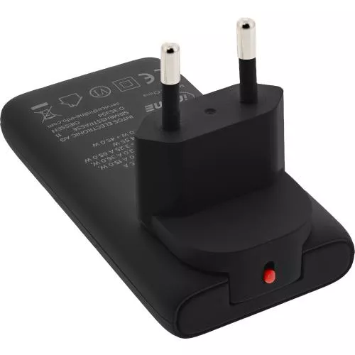 USB-C Ladegerät 65 W, flach, Dual Port, PD/PPS, schwarz, mit Reiseadaptern