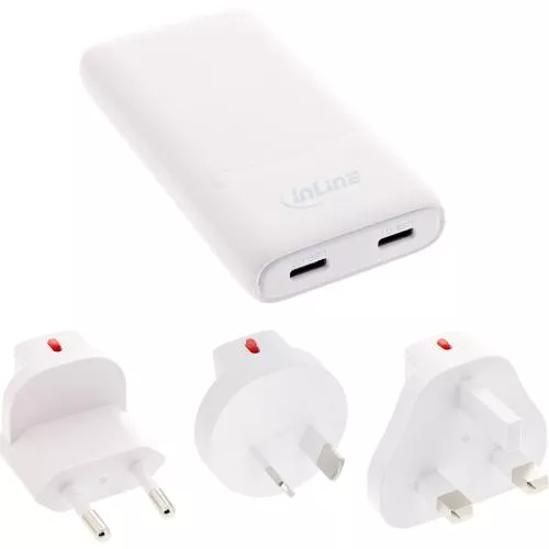 USB-C Ladegerät 65 W, flach, Dual Port, PD/PPS, weiß, mit Reiseadaptern