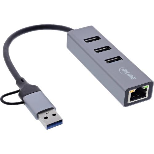 Preview: 4in1 USB-Hub mit Gigabit LAN – USB-C & USB-A, Aluminium