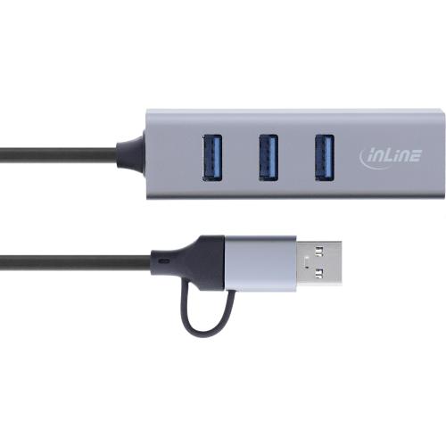 Preview: 4in1 USB-Hub mit Gigabit LAN – USB-C & USB-A, Aluminium