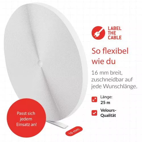 Label-The-Cable LTC PRO Roll Strap, doppelseitige Klettbandrolle, 25m, weiß