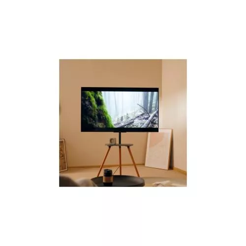 TV-Standfuß woodstand II – Dreibein – 43"–65" – mit Ablage & Kabelmanagement