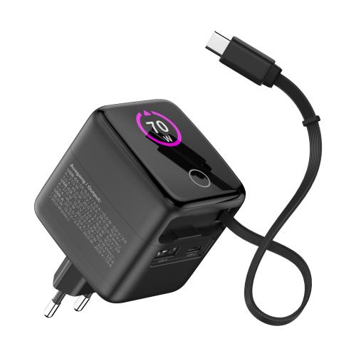 USB-Netzteil 70 W GaN mit USB-C PD + USB-A QC und integriertem 60 cm Kabel, Schwarz