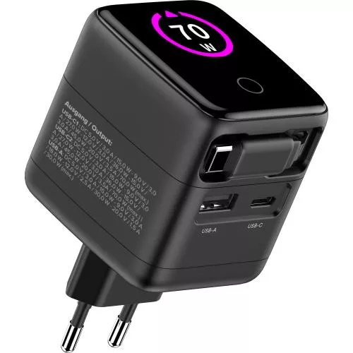USB-Netzteil 70 W GaN mit USB-C PD + USB-A QC und integriertem 60 cm Kabel, Schwarz