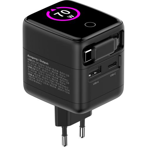 Preview: USB-Netzteil 70 W GaN mit USB-C PD + USB-A QC und integriertem 60 cm Kabel, Schwarz