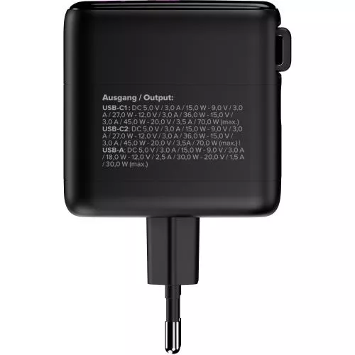 USB-Netzteil 70 W GaN mit USB-C PD + USB-A QC und integriertem 60 cm Kabel, Schwarz