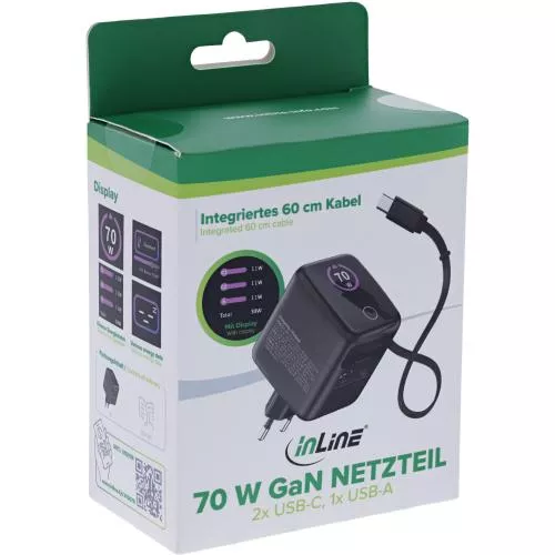 USB-Netzteil 70 W GaN mit USB-C PD + USB-A QC und integriertem 60 cm Kabel, Schwarz