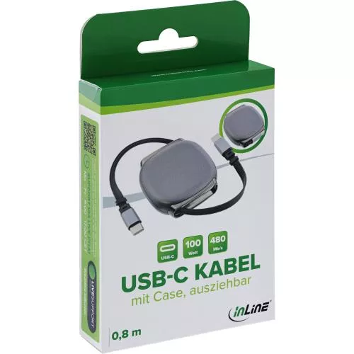 USB-C Kabel im Case, einziehbar, 100 W, schwarz/grau