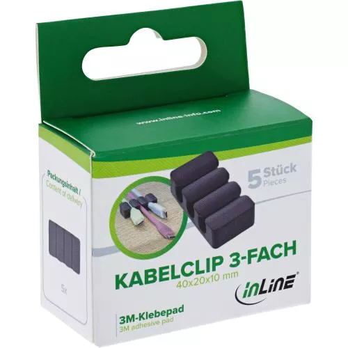 5er Pack Kabelclip 3-fach, selbstklebend, mit 3M®-Pad, Schwarz