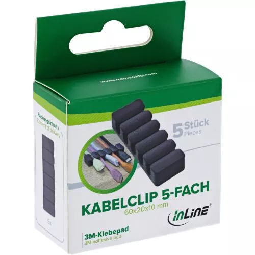 5er Pack Kabelclip 5-fach, selbstklebend, mit 3M®-Pad, Schwarz