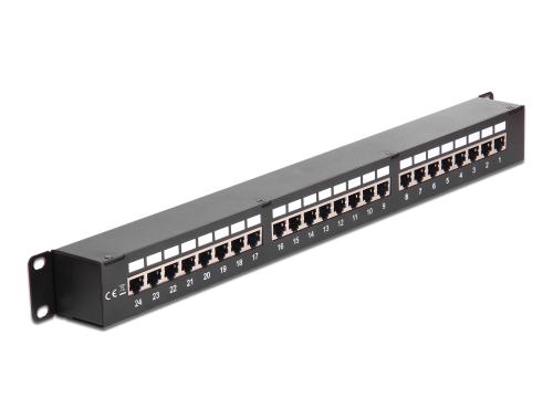 Preview: Cat 6 Patchpanel 24 Port – Durchgang RJ45 Buchse/Buchse – geschirmt – 1 HE – schwarz