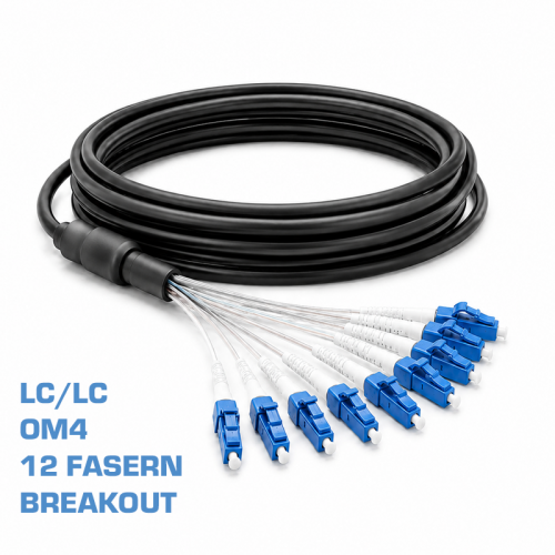 LWL Breakoutkabel OM4 12 Fasern LC/LC – vorkonfektioniert mit Einziehhilfe