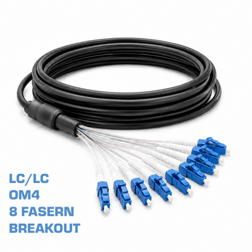 LWL Breakoutkabel OM4 8 Fasern LC/LC – vorkonfektioniert mit Einziehhilfe