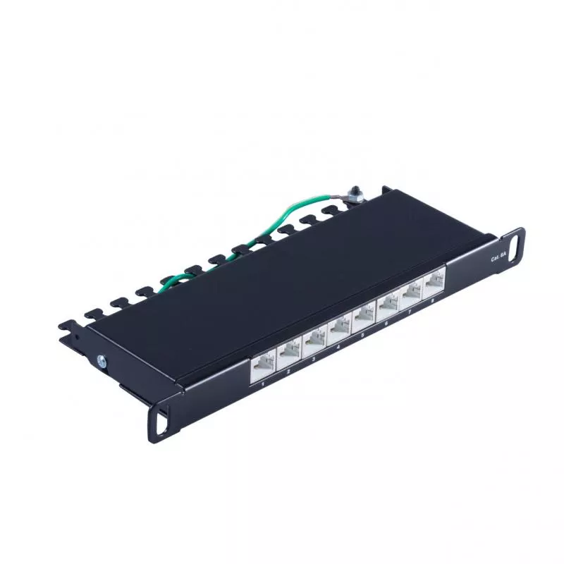 Slim Patchpanel Cat.6A – 8 Port – geschirmt – 10 Zoll – 0,5 HE – schwarz