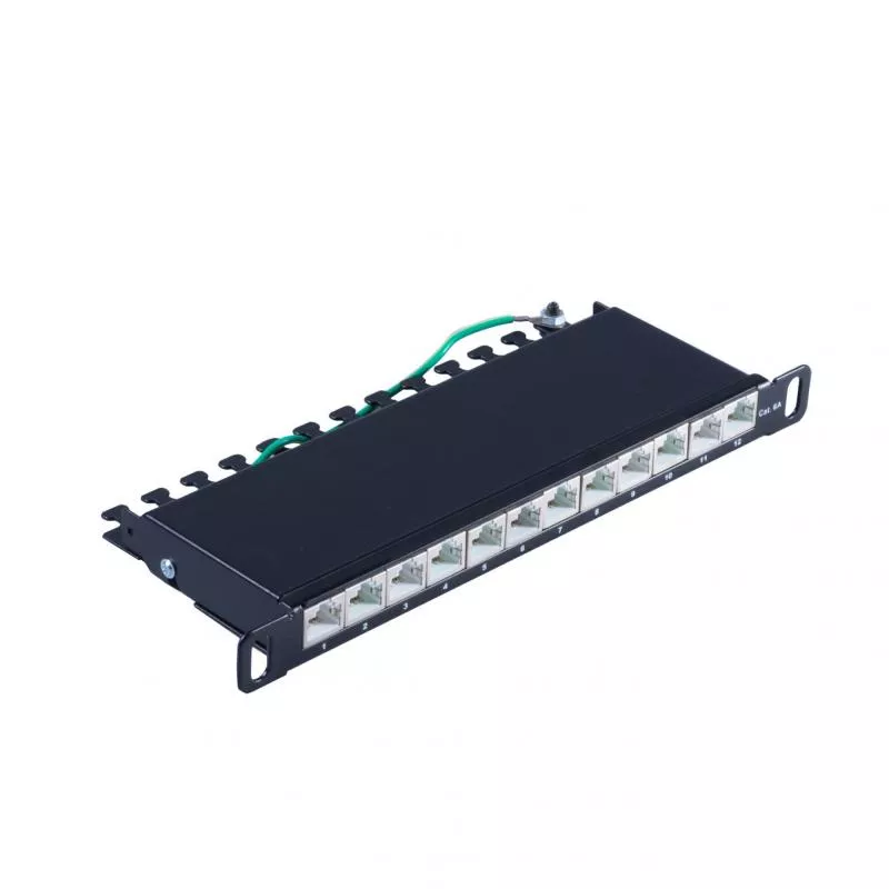 Slim Patchpanel Cat.6A – 12 Port – geschirmt – 10 Zoll – 0,5 HE – schwarz