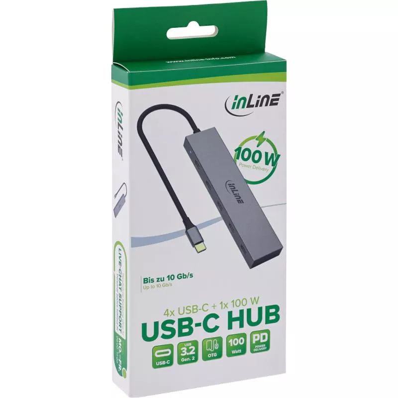 USB-C Hub 4x USB-C, 100W Power Delivery, USB 3.2 Gen 2, 10 Gb/s, grau