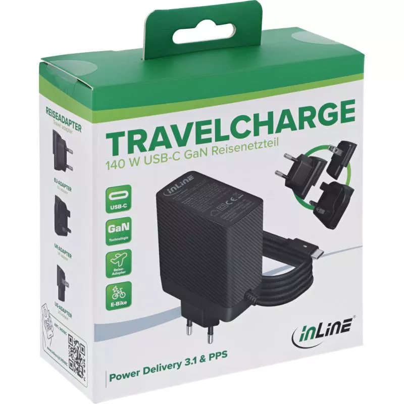 USB-C Netzteil 140 W – GaN, festes Kabel, EU/UK/US Stecker, schwarz