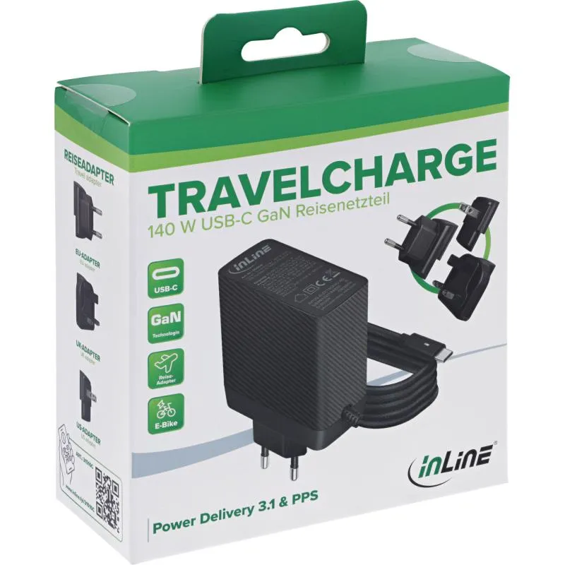 USB-C Netzteil 140 W – GaN, festes Kabel, EU/UK/US Stecker, schwarz