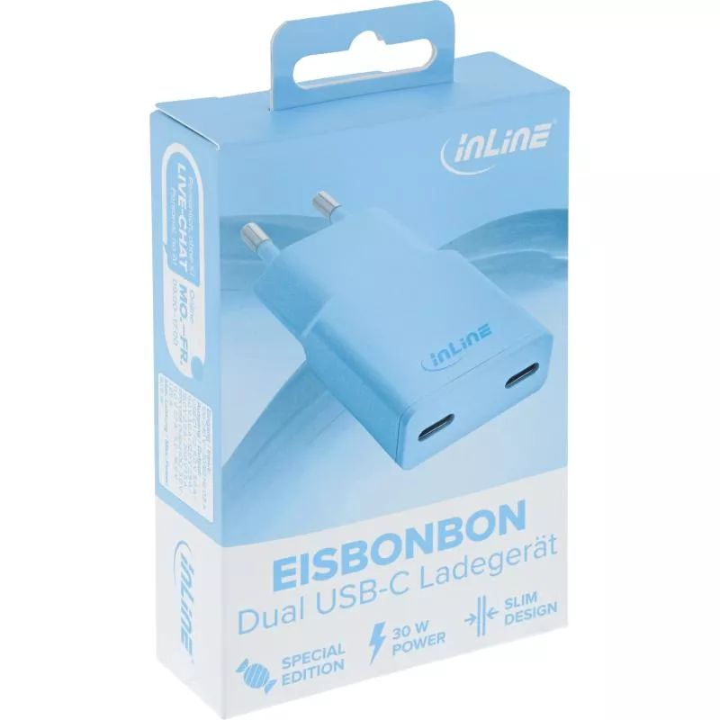 USB-C Ladegerät 30W blau, Dual USB-C, PD/PPS, GaN