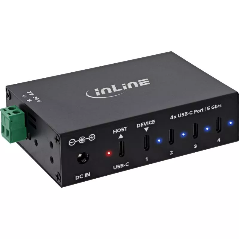 USB 3.2 Industrie-Hub 4-Port USB-C, Aluminium, DIN-Schiene